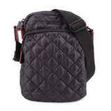 Quilted black phone crossbody bag with top flap and adjustable shoulder strap