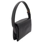 Black boxy crossbody bag on curved handle strap with side pocket detail and gold hardware