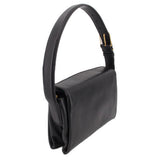 Black boxy crossbody bag on curved handle strap with side pocket detail and gold hardware