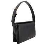 Black boxy crossbody bag with structured sides, top handle-style strap and gold hardware