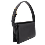 Black boxy crossbody bag with structured sides, top handle-style strap and gold hardware