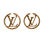 Gold-tone LOUIS VUITTON LV monogram hoop earrings, circular with post backs
