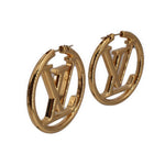 Gold-tone LOUIS VUITTON LV monogram hoop earrings, openwork oval hoop side view