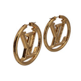 Gold-tone LOUIS VUITTON LV monogram hoop earrings, openwork oval hoop side view