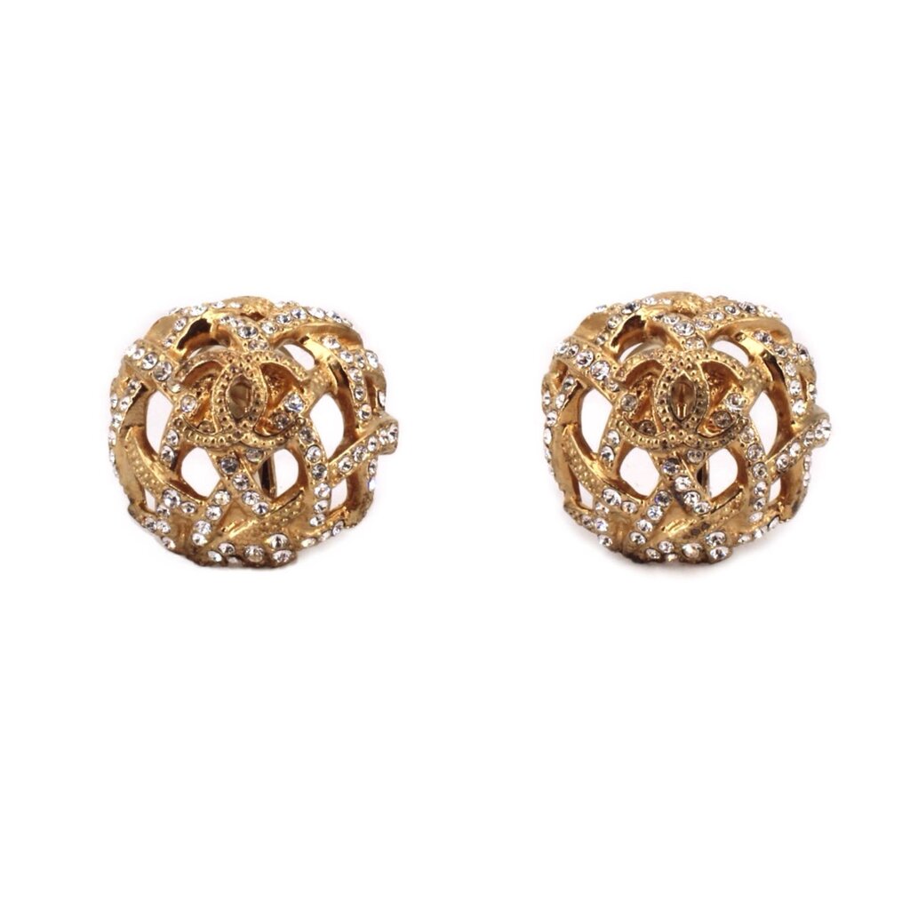CHANEL clip-on earrings, gold-tone round filigree with clear crystal accents