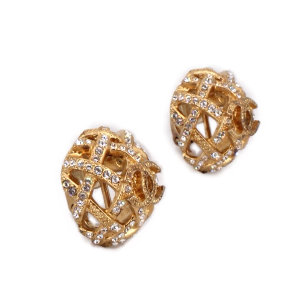 CHANEL clip-on earrings, gold-tone round filigree with clear crystals, side angle