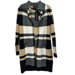 Striped knit cardigan with long sleeves, button-front, tie-neck, black, tan, and cream