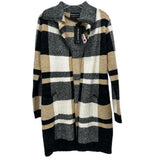 Striped knit cardigan with long sleeves, button-front, tie-neck, black, tan, and cream