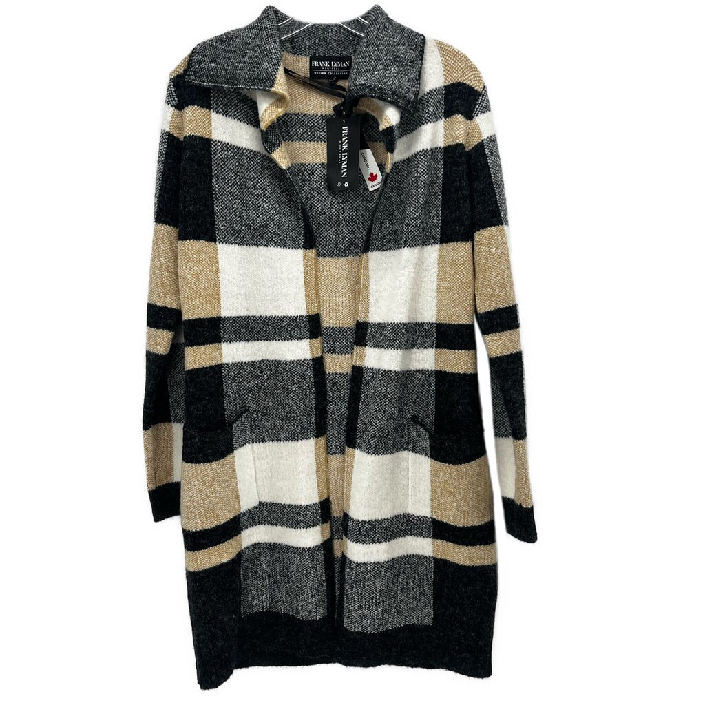 Striped cardigan sweater with black, tan, and cream bands, button-front and neck tie