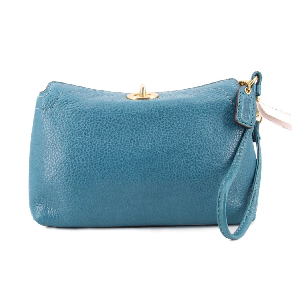 Teal leather wristlet pouch with turn-lock clasp and gold wrist strap