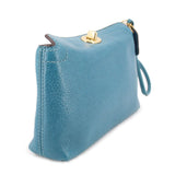 Teal leather wristlet pouch with turn-lock top and wrist strap, gold hardware