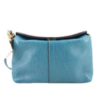 Teal leather wristlet pouch with center seam, turn-lock top, gold clasp