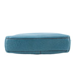 Teal leather wristlet pouch bottom with stitched trim and fold-over edge