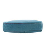 Teal leather wristlet pouch bottom with stitched trim and fold-over edge