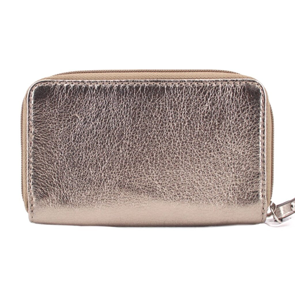 Metallic gold leather zip-around wallet with wrist strap; COACH logo badge