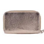 Metallic gold leather zip-around wallet with wrist strap; COACH logo badge