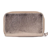 Metallic gold leather zip-around wallet with wrist strap; COACH logo badge