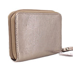 Metallic gold leather zip wallet with side zipper and COACH logo