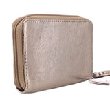 Metallic gold leather zip wallet with side zipper and COACH logo