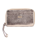 Metallic gold leather zip-around wallet with COACH logo and wrist strap