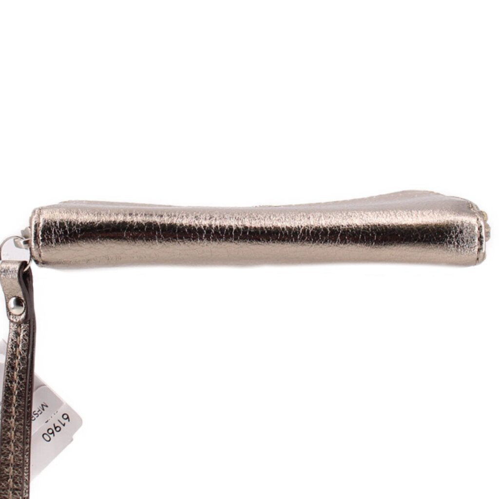 Metallic gold wrist strap wallet with zipper top and metal hardware
