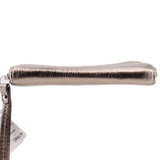 Metallic gold wrist strap wallet with zipper top and metal hardware