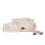 Coach Penny crossbody bag with pouch, metallic gold, front flap and chain tassel.