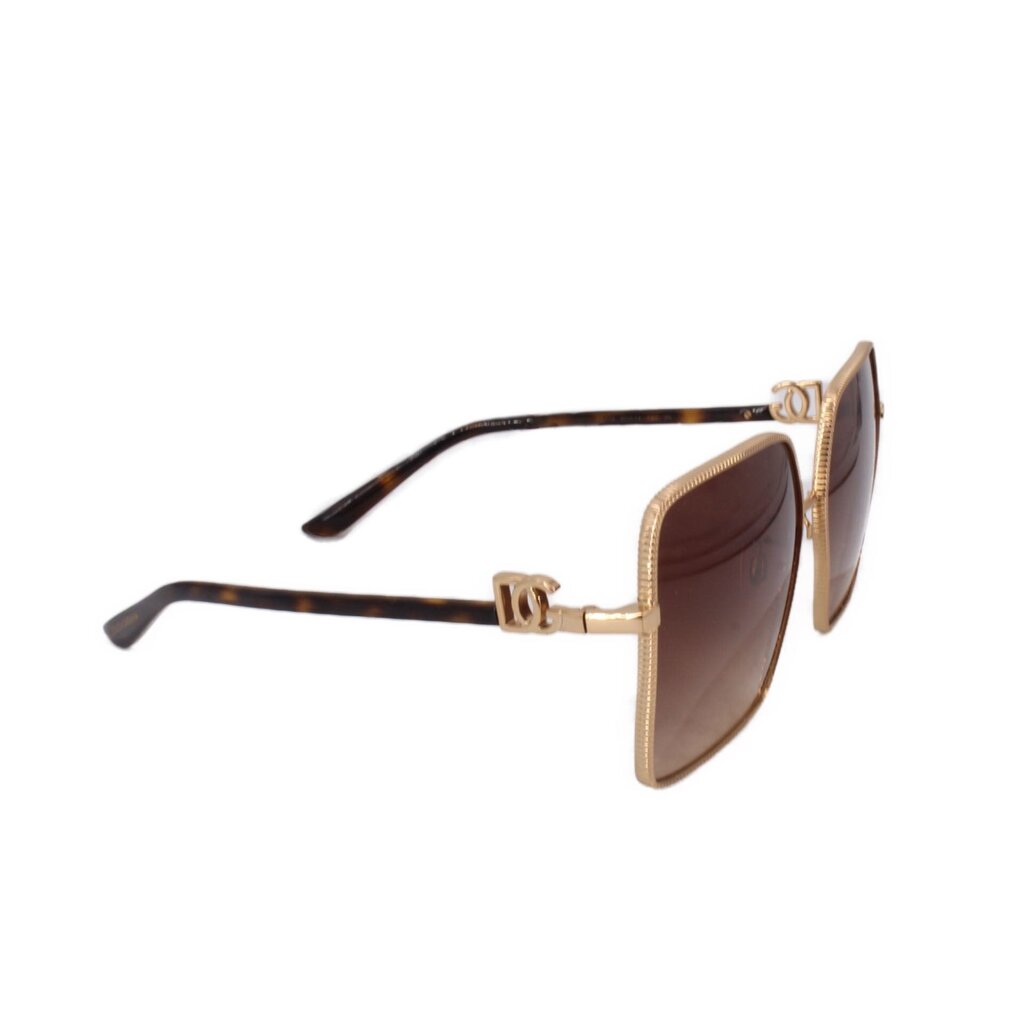 Side-view gold square sunglasses with tortoise temples and dark brown lenses