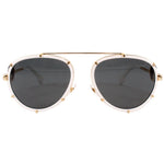 White aviator sunglasses with dark teardrop lenses and gold-tone hinges
