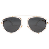 White aviator sunglasses with dark teardrop lenses and gold-tone hinges
