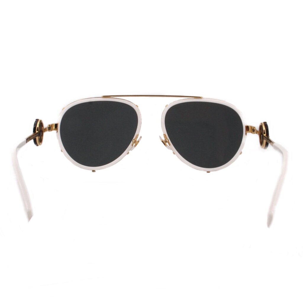 White aviator sunglasses with black lenses and gold-tone bridge details
