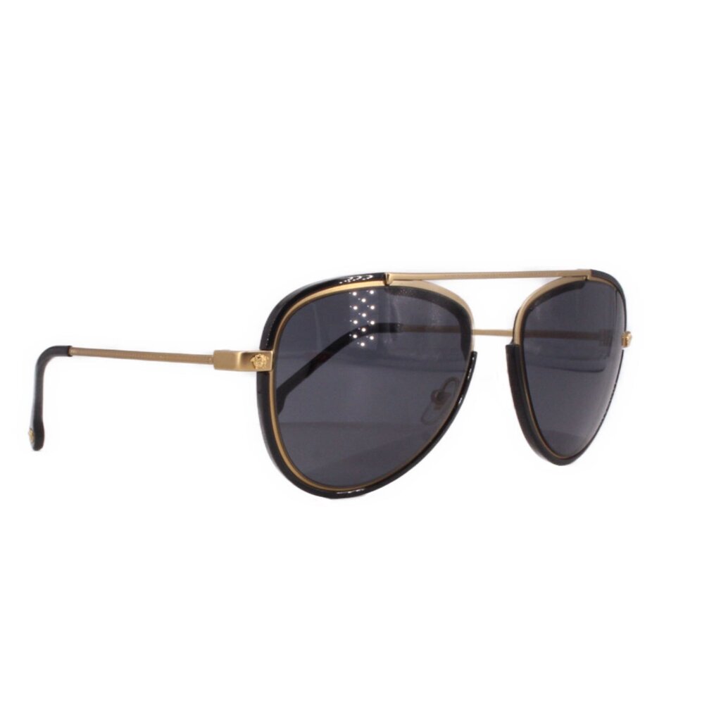 Black and gold cat-eye sunglasses with dark lenses and metal temple detail