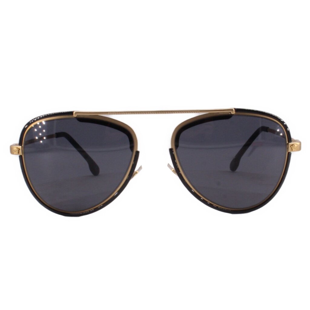 Black cat-eye sunglasses with dark lenses and gold-tone metal accents