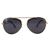 Black cat-eye sunglasses with dark lenses and gold-tone metal accents