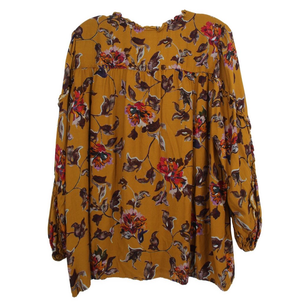 Yellow floral blouse with gathered round neckline and long elastic puff sleeves