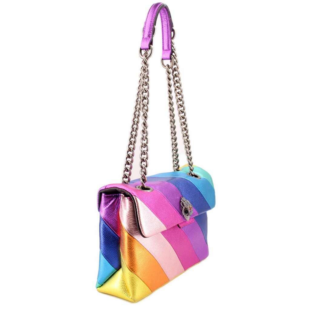 Rainbow crossbody bag with chain strap, top handle loop, and flap twist-lock