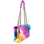 Rainbow crossbody bag with chain strap, top handle loop, and flap twist-lock