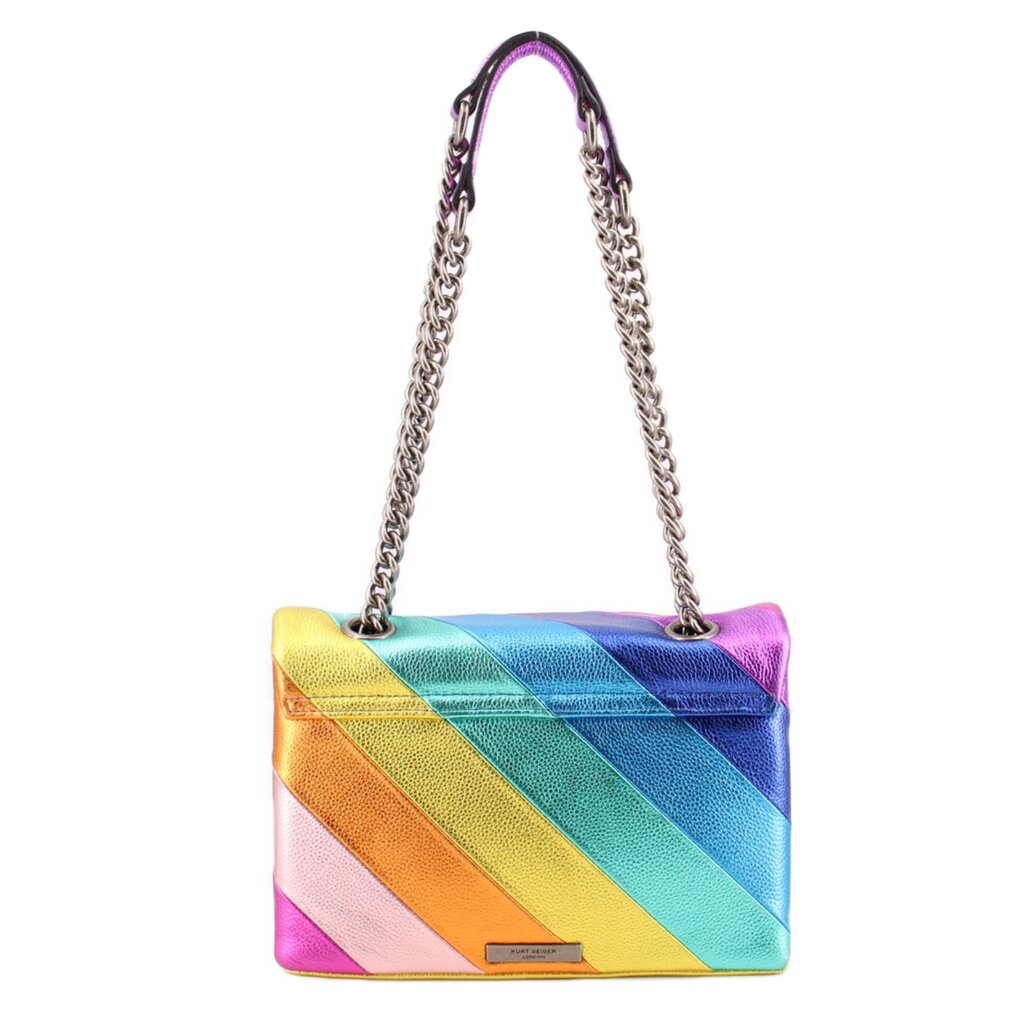 Rainbow striped crossbody bag with flap closure, chain shoulder strap, and front plate