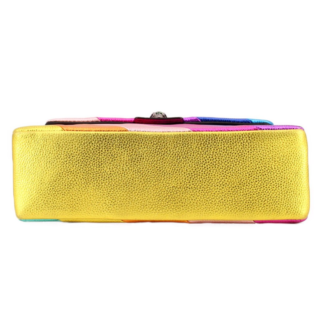 Yellow textured crossbody bag with purple trim and visible zipper edge