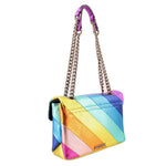 Rainbow striped crossbody bag with chain strap and front flap with small buckle