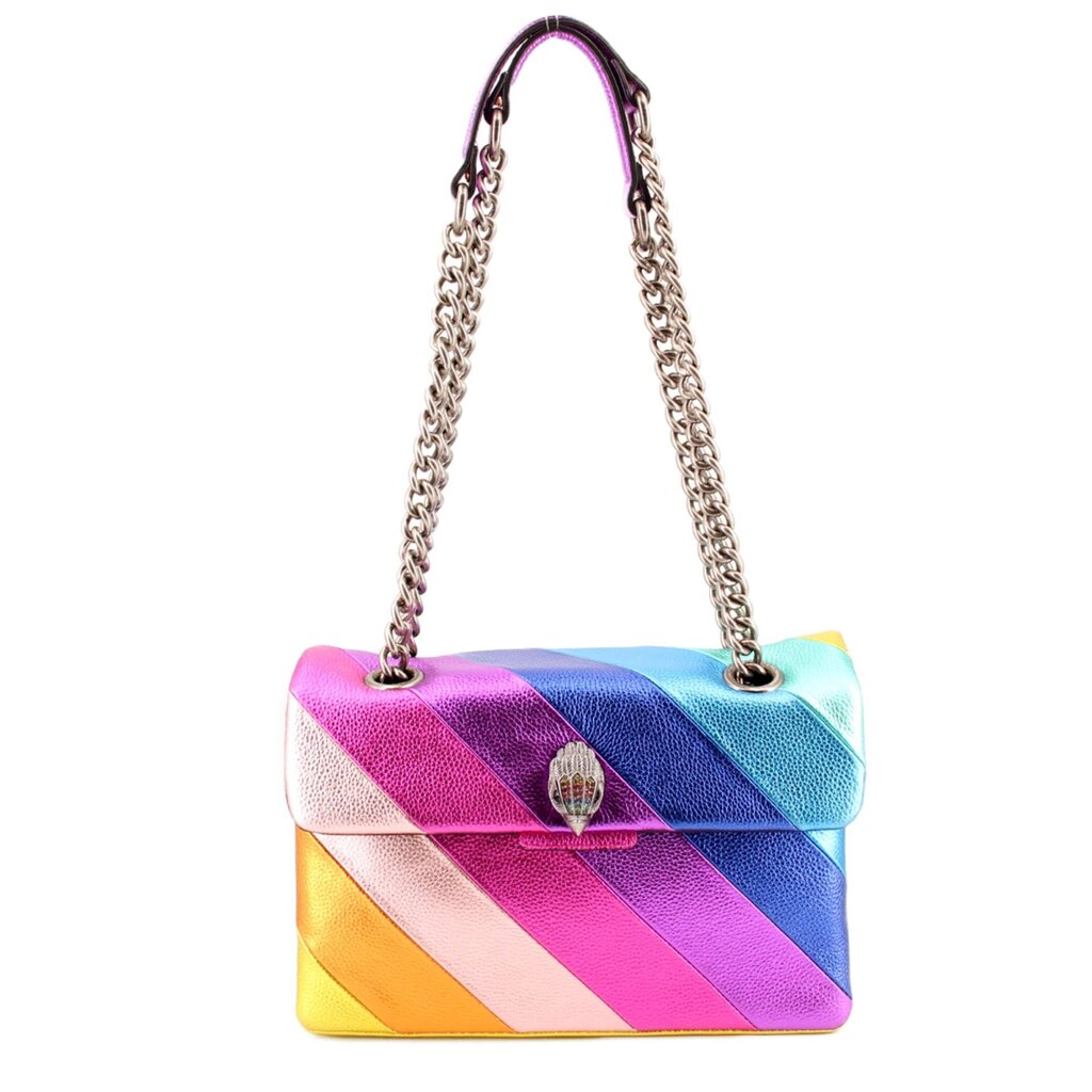 Rainbow striped crossbody bag with front flap, chain strap, and metal clasp