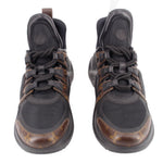 Black monogram lace-up sneakers, front view with brown patterned toe and mesh sides