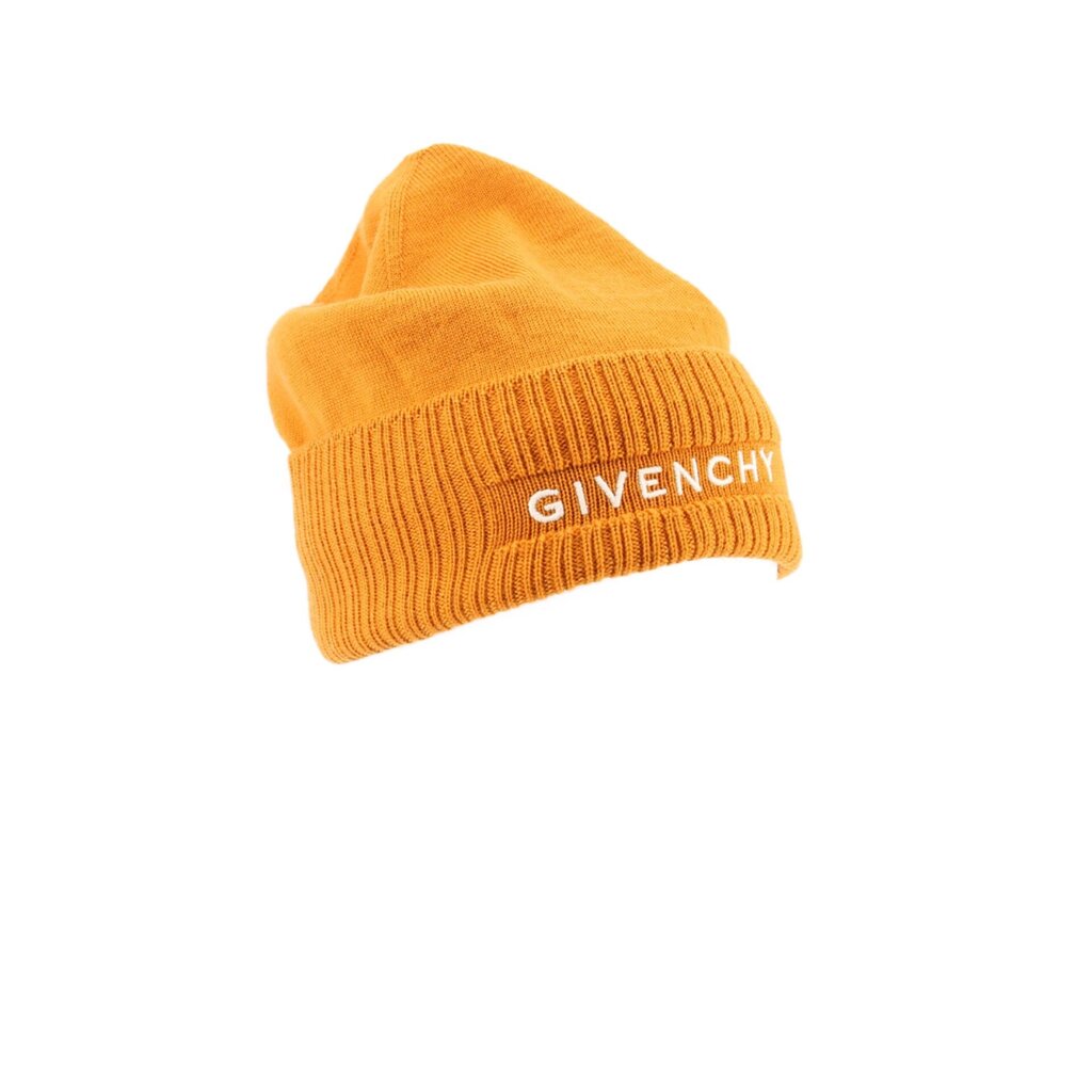 Orange knit beanie hat with GIVENCHY wordmark on cuff