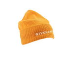 Orange knit beanie hat with GIVENCHY wordmark on cuff