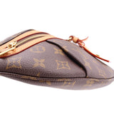Close-up of monogram belt bag edge with top zip and leather strap