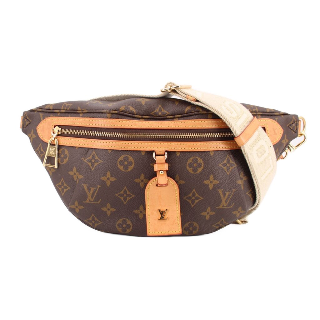 LOUIS VUITTON monogram belt bag with front zip pocket and tan leather trim