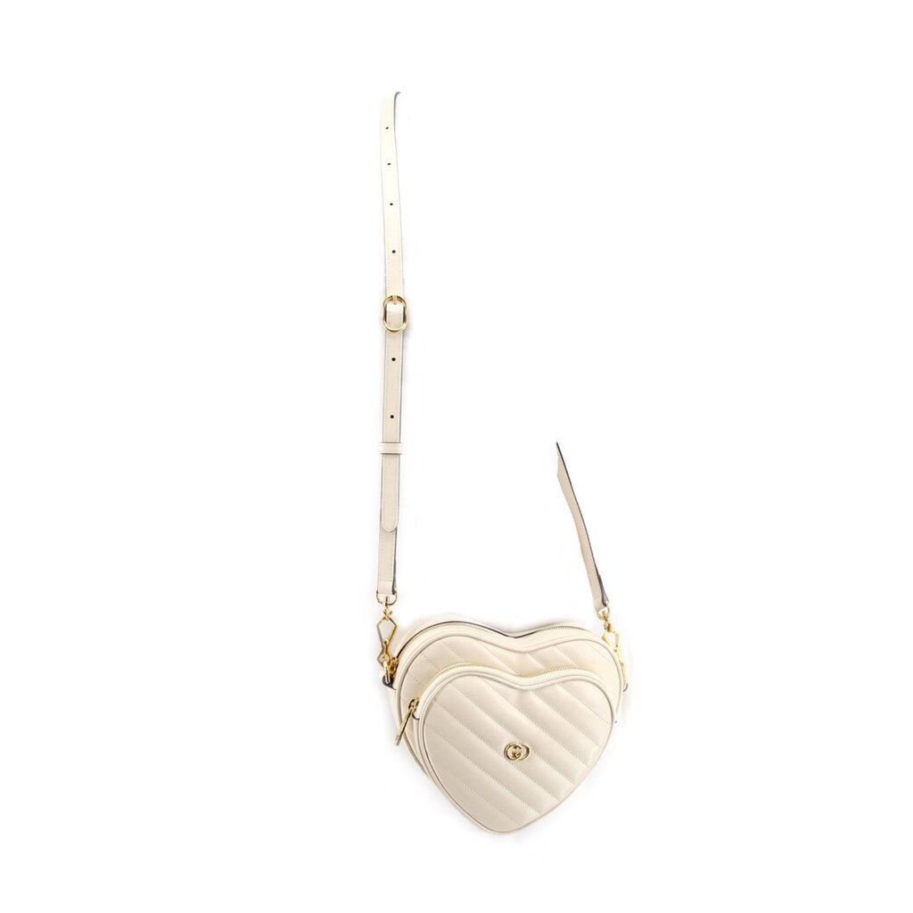 Cream heart-shaped crossbody bag with gold-tone hardware and adjustable strap