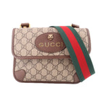 GUCCI GG canvas crossbody bag with flap, brown leather trim, red/green web strap