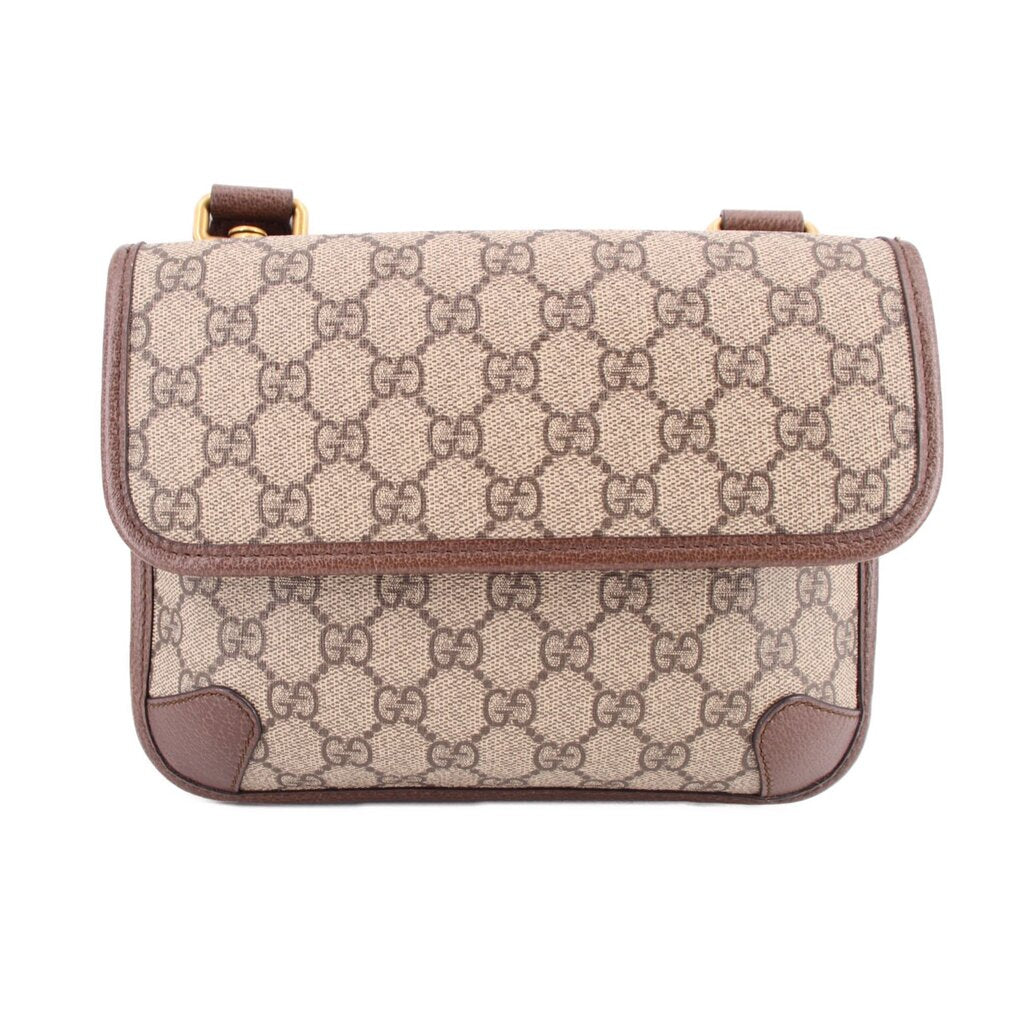 GUCCI GG canvas crossbody bag with front flap and brown leather trim