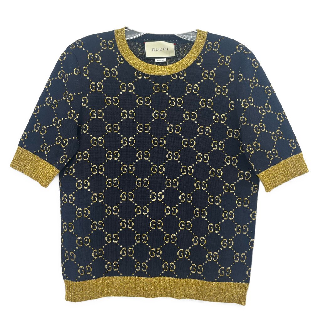 Navy Gucci logo sweater with gold GG pattern, crew neck and ribbed cuffs.